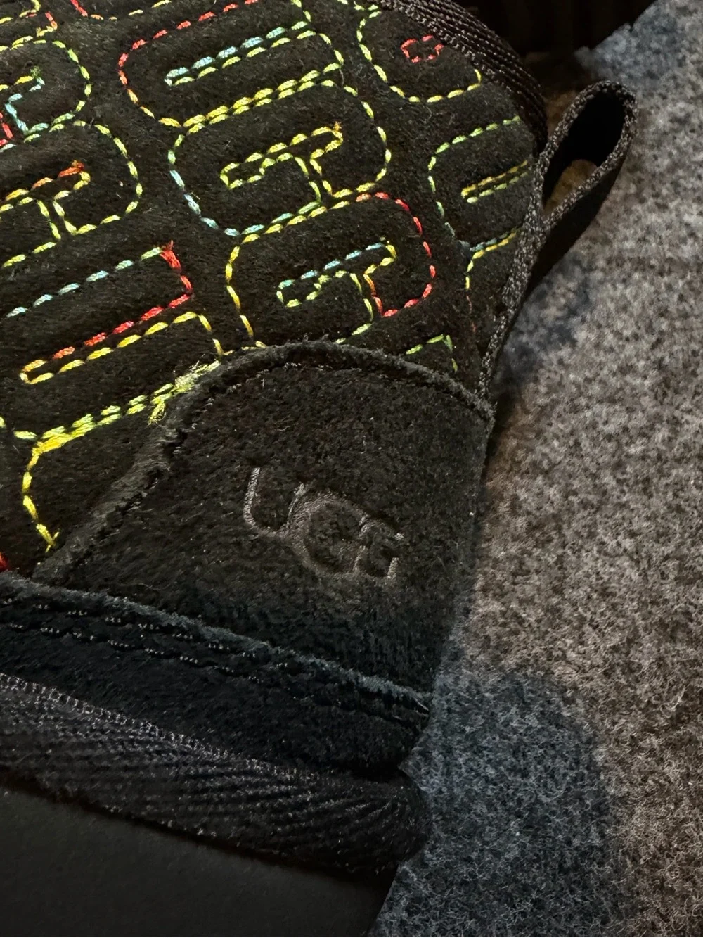 UGG Black Kids Quilted Logo Boots with Multicolor Stitching